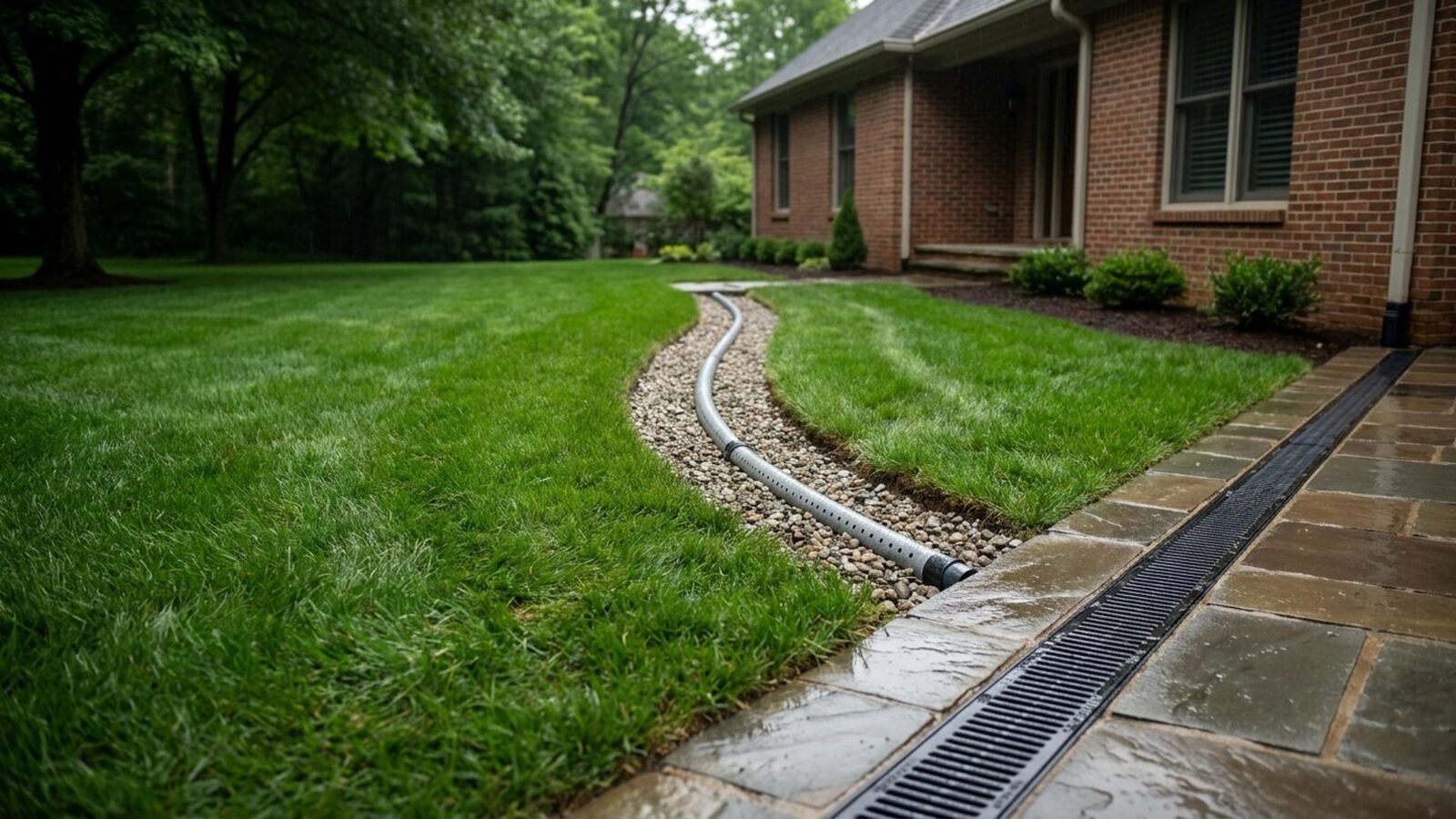 Water pooling on a lawn edge where heavy clay soil is absorbing slowly