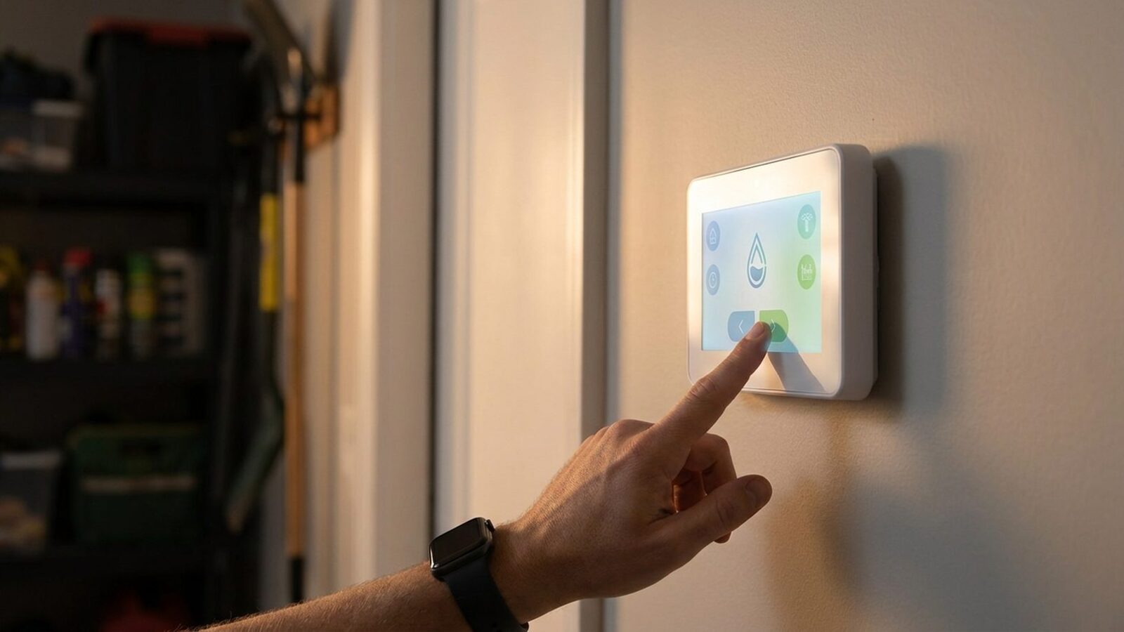 Irrigation controller mounted in a garage with the wiring compartment open