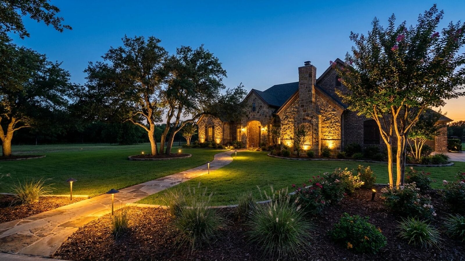A Pearland home front at dusk with path lights and warm uplighting on the trees