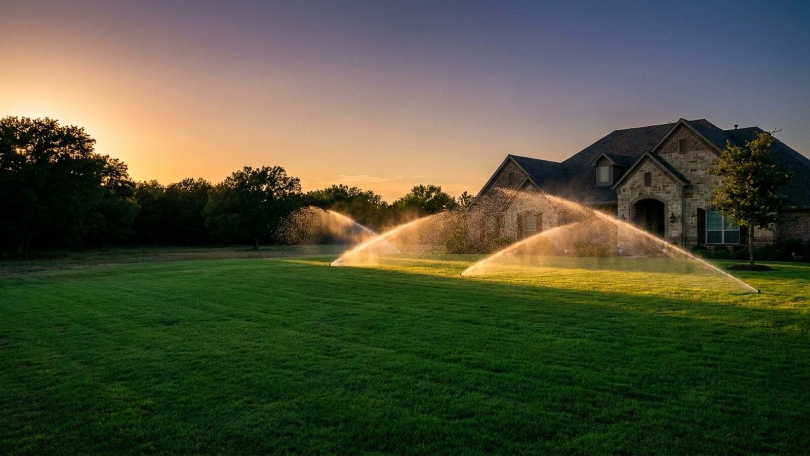Technician inspecting an irrigation zone while the sprinklers run across a lawn