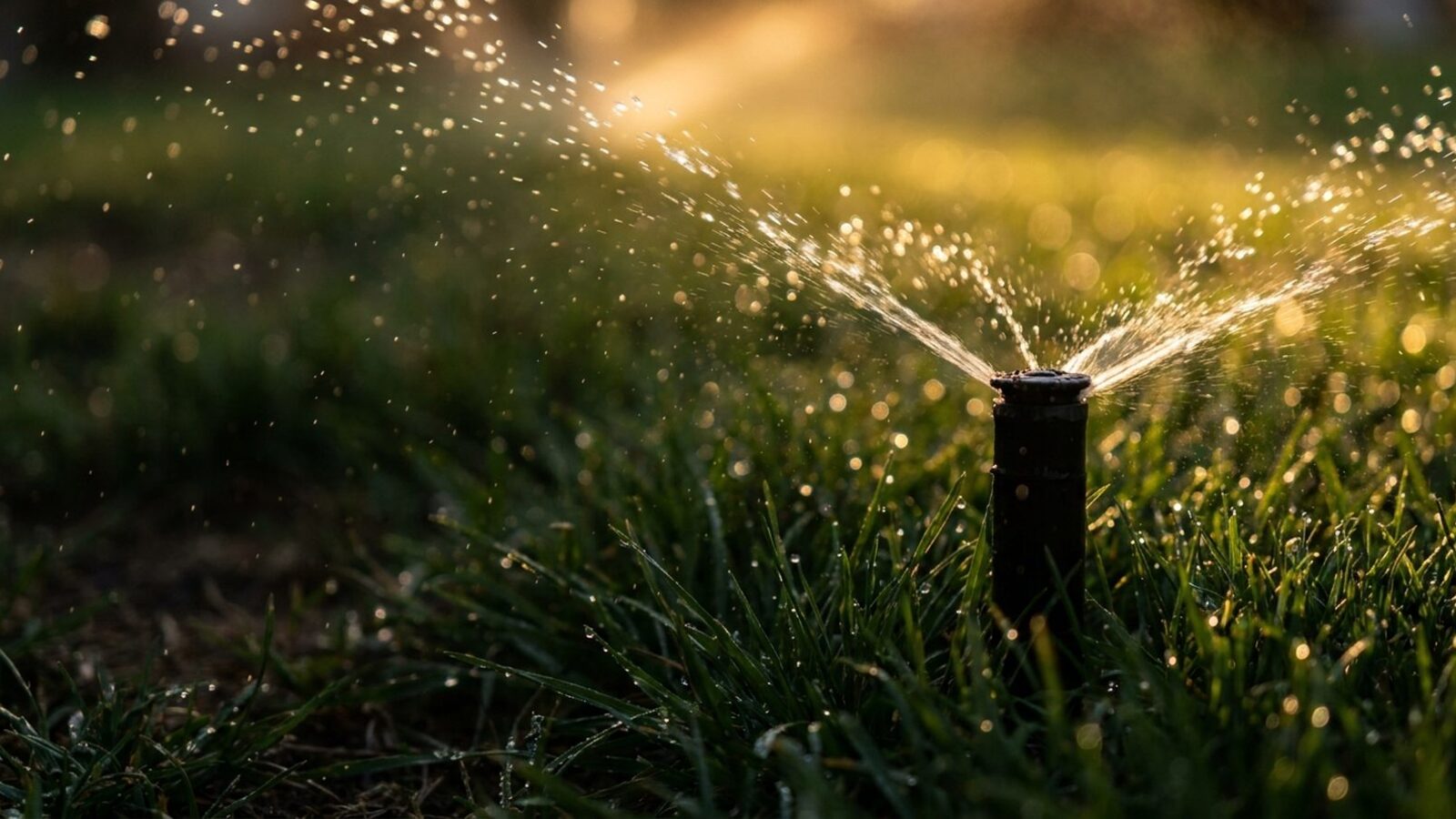 Close-up of a pop-up sprinkler head raised above green Texas turf