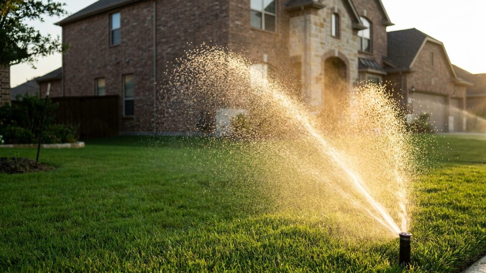A technician inspecting a pop-up sprinkler head in a Friendswood, TX lawn