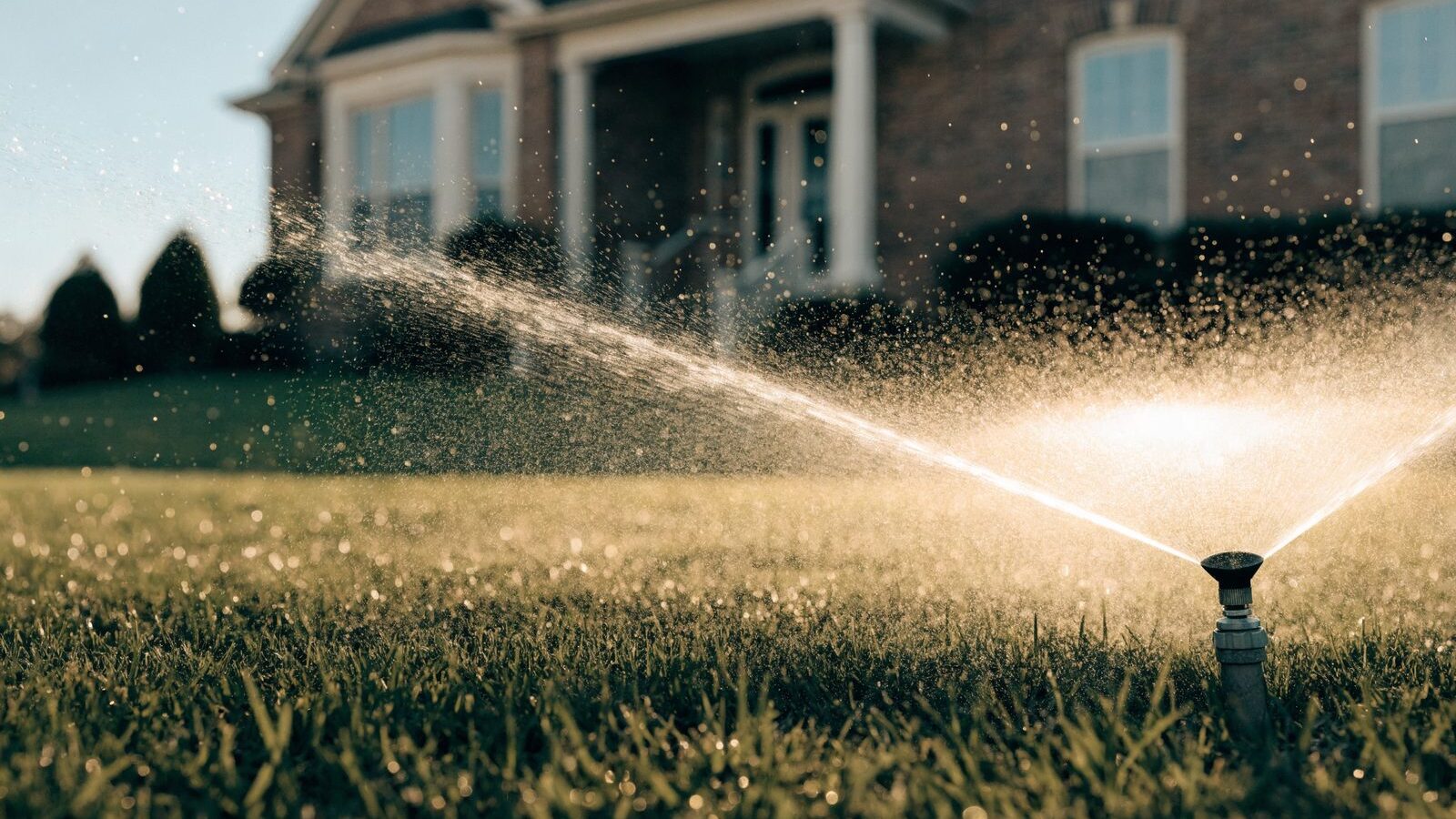 Sprinkler watering a green front lawn in front of a Pearland brick home at sunset