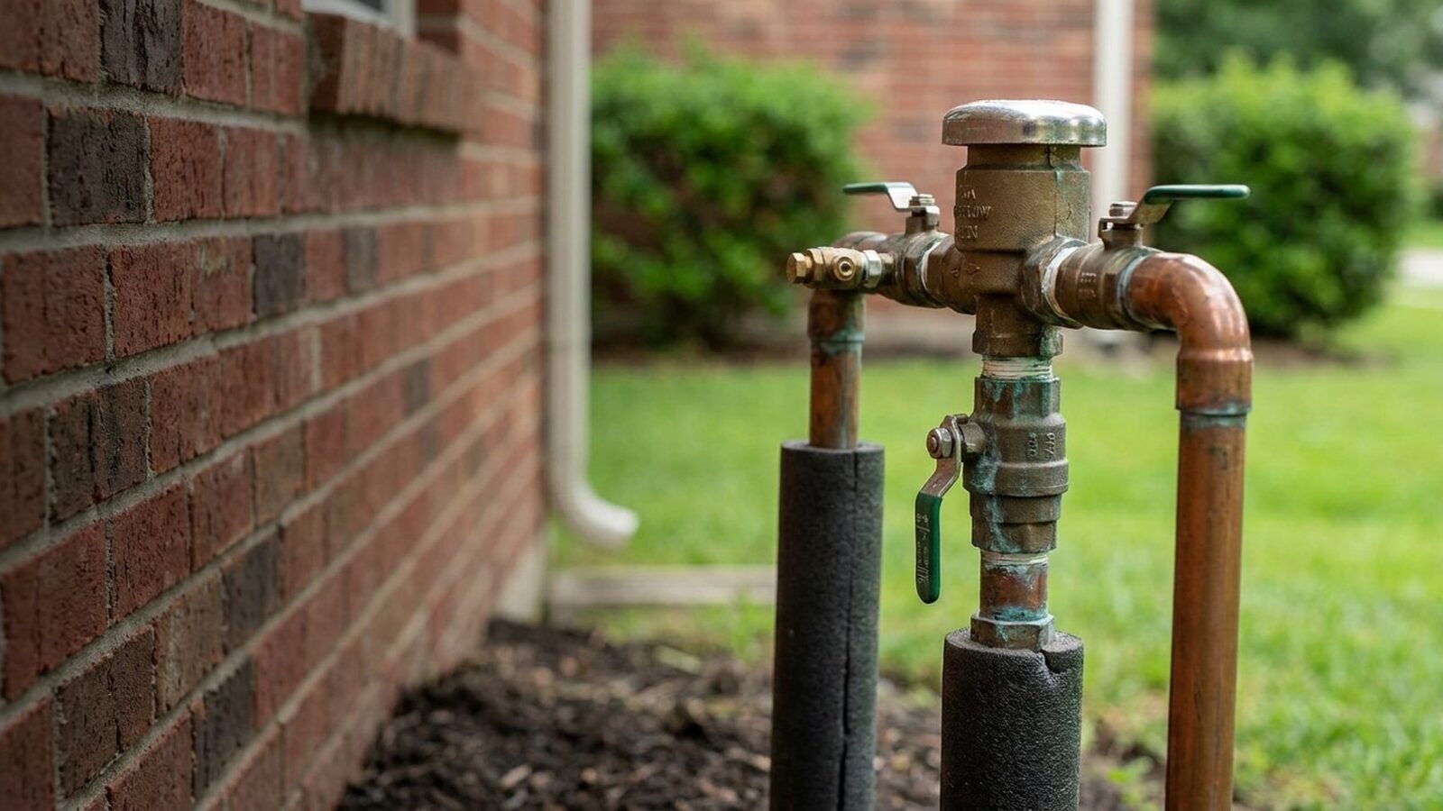 Backflow preventer assembly mounted above ground beside a Texas home