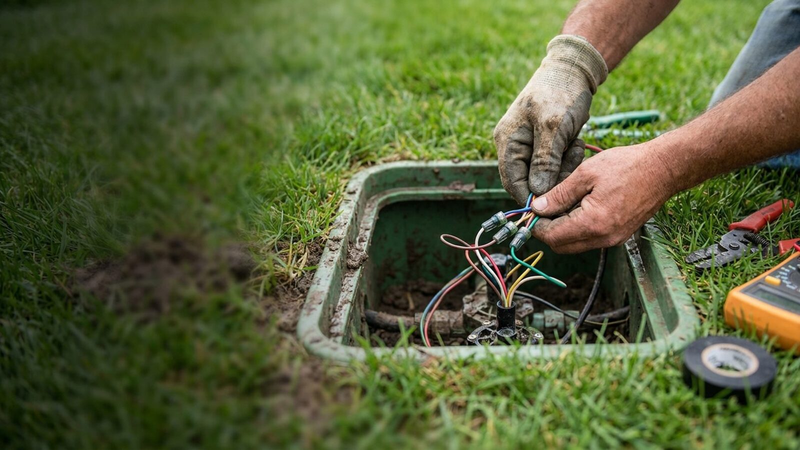 Irrigation valve box opened up showing solenoid wiring during a zone diagnosis