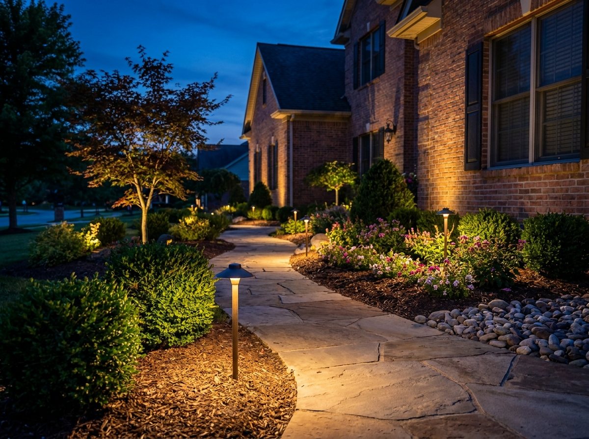 Finished landscape lighting job — path lights and uplit shrubs along a walkway at dusk