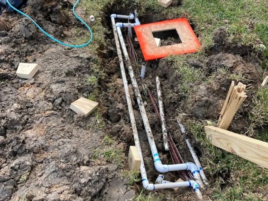 Irrigation valve manifold and line repair in progress